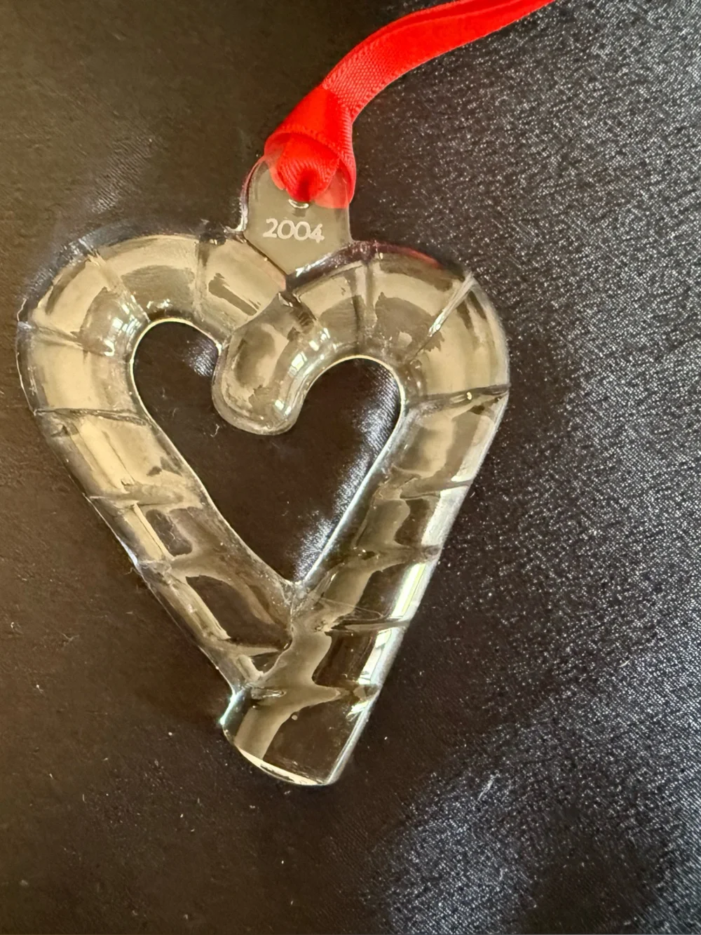 Orrefors 2004 Crystal Heart-Shaped Ornament with Red Ribbon